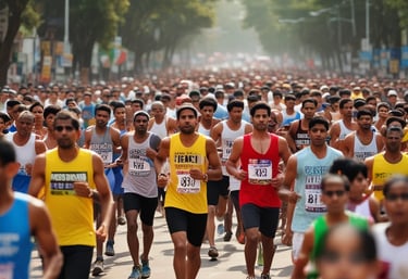 A group of diverse runners smiling and stretching together before a race.