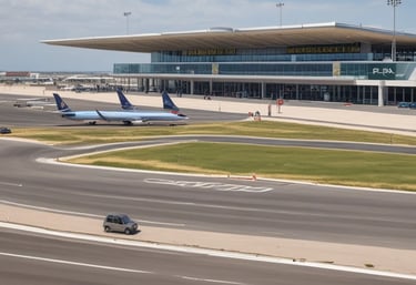 Luxury car waiting outside Faro Airport terminal at sunset.