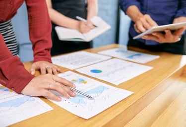 Team reviewing brand data and insights during discovery and listening phase