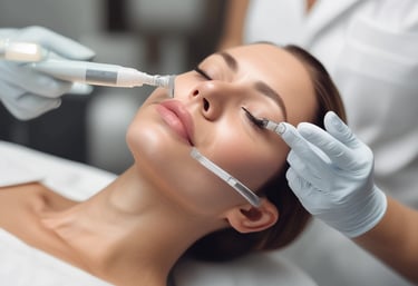 Elegant close-up of a woman's radiant face with flawless skin in a luxurious spa setting.