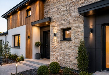 Maison moderne avec façade mixte – pierre naturelle et bardage bois