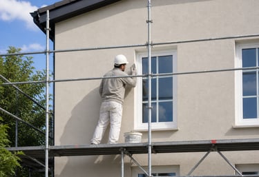 Application d’enduit de façade sur échafaudage