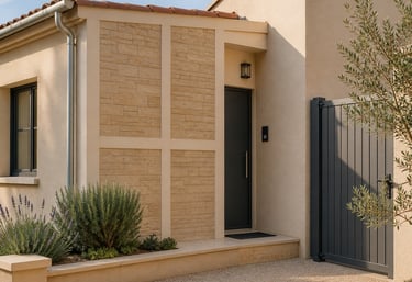 Façade moderne avec panneaux décoratifs et enduit clair