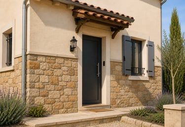 Enduit de façade avec soubassement en pierre – finition extérieure maison