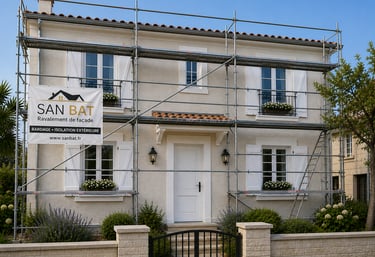 Enduit de façade maison avec échafaudage – chantier rénovation SAN BAT