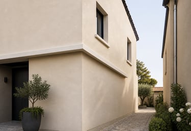 Enduit de façade ton beige – passage extérieur maison moderne