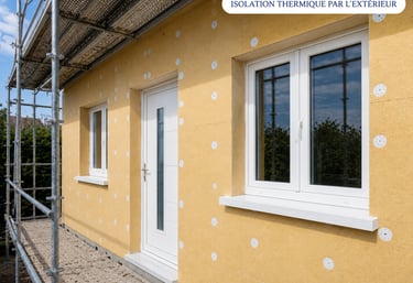 Isolation thermique extérieure avec fenêtres et porte PVC blanches