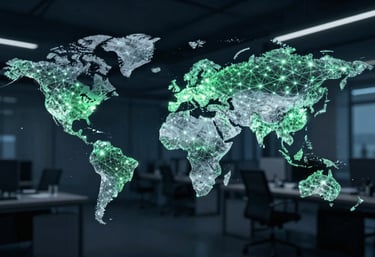 A world map composed of glowing light points on a dark background in a modern tech office, representing connectivity. Professional photography. Colors: dark blue and green.
