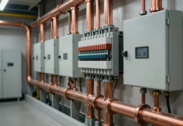 A professional photo of a modern engineering installation. Neatly organized copper pipes and electrical panels in a utility room, showcasing clean and precise workmanship.