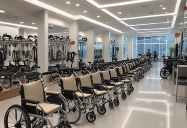 A variety of mobility aids including wheelchairs, scooters, and bathroom safety equipment displayed neatly in a welcoming showroom.
