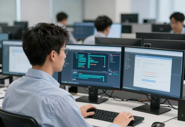 A diverse team of IT professionals collaborating over laptops in a modern office space.