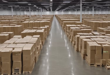 Photo of luxury branded clothing neatly arranged in a modern warehouse with black and white accents.