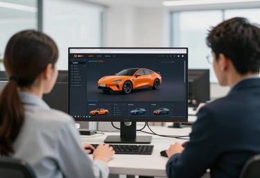 A bright, professional office space where team members are looking at a large monitor displaying automotive analytics, using the brand's orange and black palette.