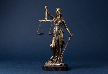 A minimalist still life of a burnished gold scales of justice statue on a dark marble base. The background is a clean, solid deep navy blue. The lighting is dramatic, highlighting the texture of the metal.