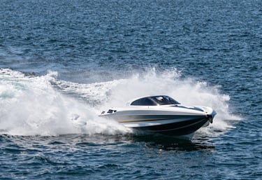 A high-speed powerboat cutting through the blue water of a North American bay, spray of water caught in sunlight, dynamic and exciting marine shot.