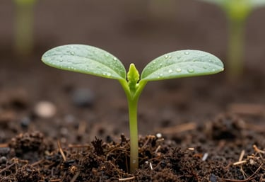 Macro photography of a sprouting plant in rich dark Colombian soil, soft focus background, natural lighting, symbolic of organic growth and empowerment.
