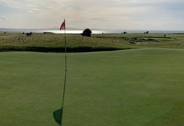 a golf ball on a green field with a red flag