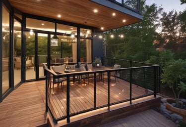 A skilled builder carefully installing a wooden deck in a sunny backyard surrounded by lush greenery.