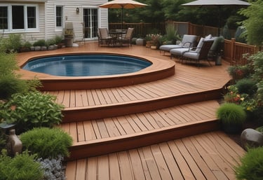 A skilled builder carefully installing a wooden deck in a sunny backyard surrounded by fresh landscaping.