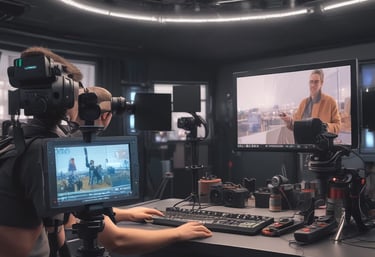 A cinematic film camera setup with Blackmagic Pyxis 12K lenses under dramatic lighting.