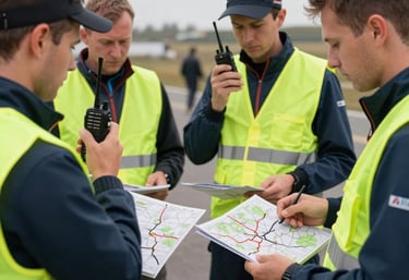 A safety meeting with race marshals in fluorescent vests holding walkie-talkies and maps of Moldovan routes, highly professional organization before a cycling race.