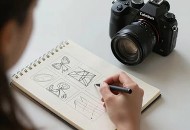 An over-the-shoulder shot of a hand sketching a storyboard for a film on a slate-colored notebook. Next to it sits a high-end camera. Minimalist, focused atmosphere.