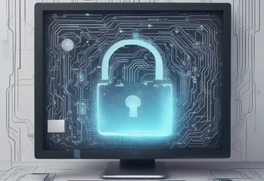 Digital glowing blue lock on a screen showing inside computer chip wires and connections.