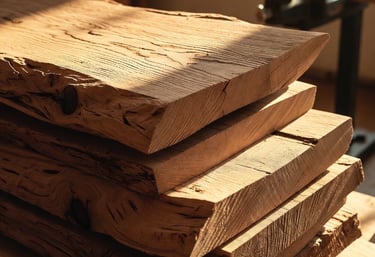 tacked live-edge oak planks in a sunlit UK woodworking workshop