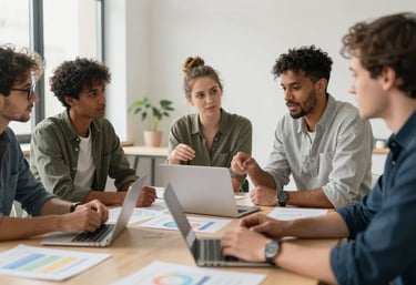 A team of diverse professionals in business casual attire engaging in a collaborative design thinking session in a bright, modern studio. North American / International.