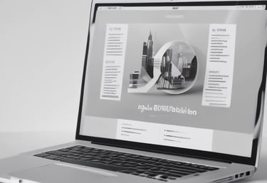 A sleek laptop displaying a modern, minimalist business website interface.