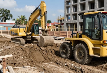 Close-up of heavy machinery smoothing earth for a building foundation.