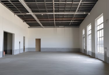 Empty warehouse interior after seismic retrofit and LED high-bay lighting upgrade – McKnight 