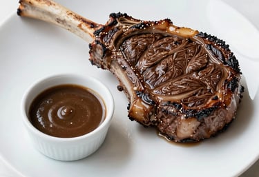 A close-up of a perfectly grilled tomahawk steak resting on a dark slate plate accented with gold hues.
