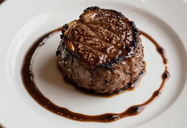 A close-up of a perfectly grilled tomahawk steak resting on a dark slate plate accented with gold hues.