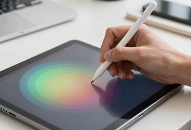 A beautiful photograph of a hand using a digital stylus to adjust a color palette on an Android tablet. The environment is a clean, modern North American / US office.