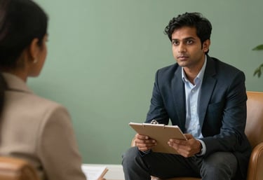A photography of two South Asian professionals in a counseling room, one holding a clipboard, sitting on tan leather chairs in a space with sage green walls.