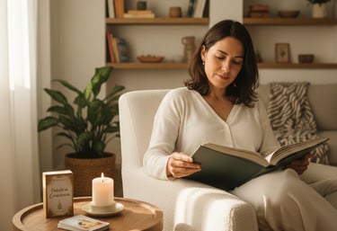 Mulher a ler o livro dor para quê, com o oráculo da consciência ao seu lado