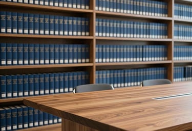 A clean and minimalist law library with rows of organized blue law books and a sleek, contemporary wooden reading table. Professional, focused environment.
