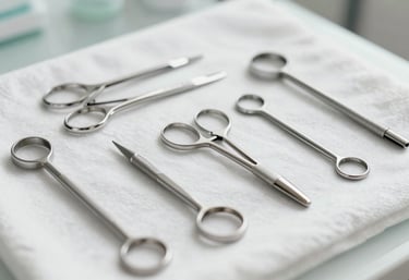 Orderly and sterile manicure tools laid out on a soft white cloth, symbolizing safety and professional care. Muted lighting with #B4C4C3 and #607D7D accents.