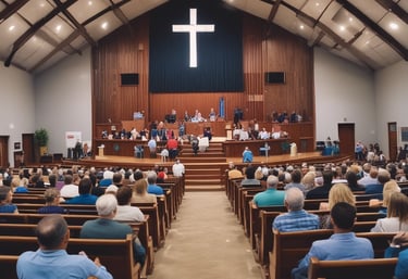 Photo of congregation singing together in a warm, inviting sanctuary.