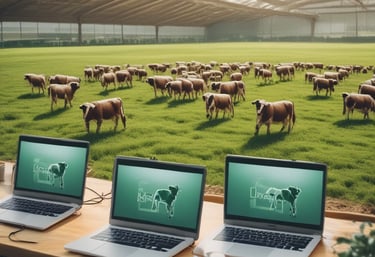 A scenic view of a rural landscape with fields and livestock.
