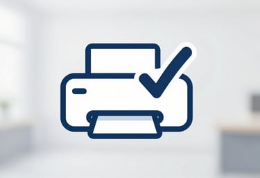 A minimalist 3D icon of a printer with a checkmark, signifying successful installation, featuring #1B263B and #415A77.