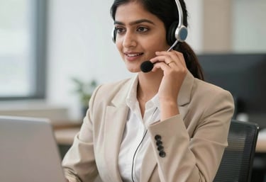 A focused female telecaller working comfortably from her cozy home office.