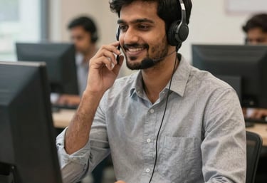 A male telecaller engaging with clients over the phone in a bright home workspace.