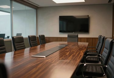 A professional setup in a Brazilian boardroom with glass windows, a dark mahogany table, and modern ergonomic chairs. Lighting is warm and authoritative.