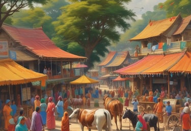 A colorful gathering of community members dressed in traditional attire celebrating Sankranthi with decorations and cultural performances.