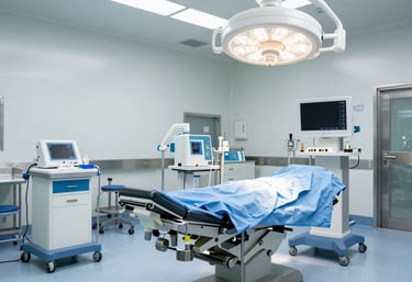 A clean, bright photograph of a state-of-the-art operating room, showcasing functional design and soft blue equipment.