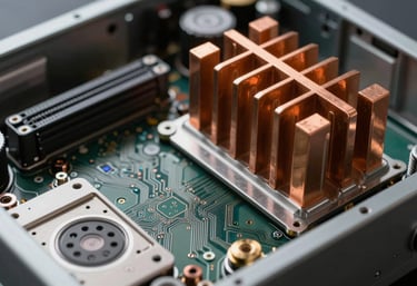 A detailed macro photograph of internal computer hardware, showing clean circuits and copper heat sinks in a technical setting.