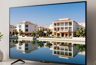 A pristine, newly repaired 4K television screen showing a vibrant landscape, placed in a contemporary Middle Eastern / Gulf apartment. Reflection of clean, modern decor.