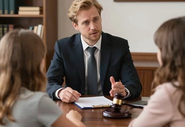 Professional legal consulting meeting with a lawyer on the phone and a laptop displaying services.